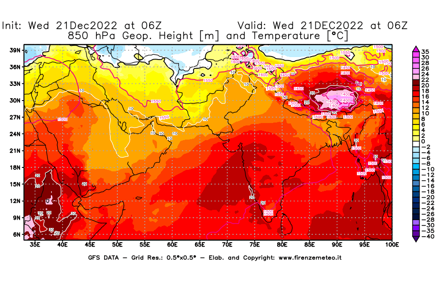 Mappa di analisi GFS - Geopotenziale [m] e Temperatura [°C] a 850 hPa in Asia Sud-Occidentale
							del 21/12/2022 06 <!--googleoff: index-->UTC<!--googleon: index-->