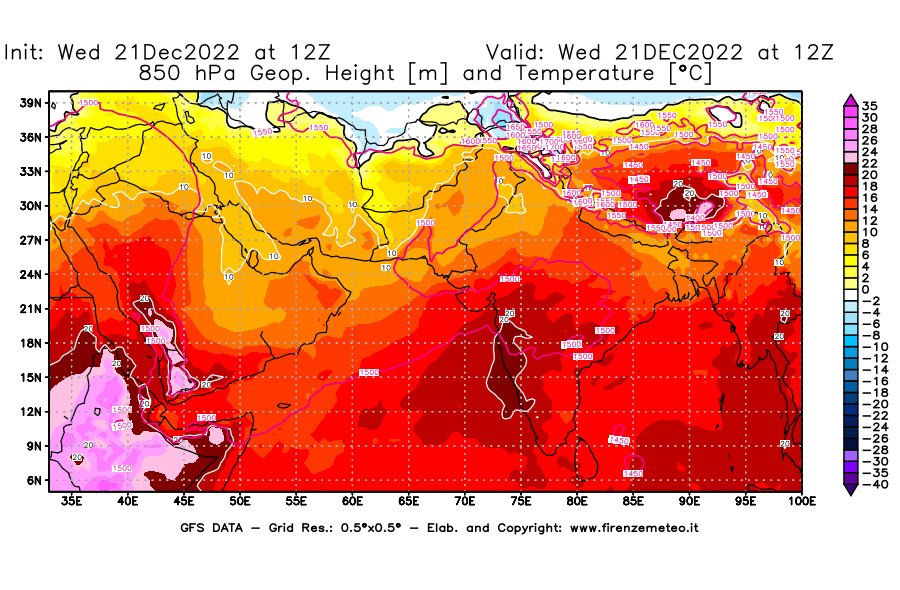 Mappa di analisi GFS - Geopotenziale [m] e Temperatura [°C] a 850 hPa in Asia Sud-Occidentale
							del 21/12/2022 12 <!--googleoff: index-->UTC<!--googleon: index-->