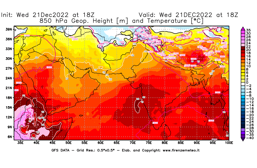 Mappa di analisi GFS - Geopotenziale [m] e Temperatura [°C] a 850 hPa in Asia Sud-Occidentale
							del 21/12/2022 18 <!--googleoff: index-->UTC<!--googleon: index-->