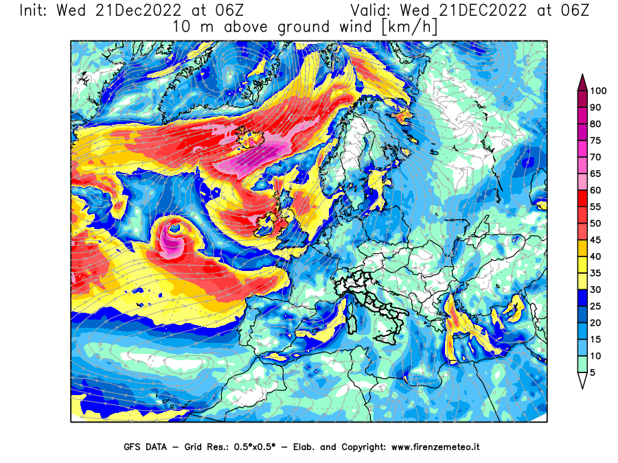 Mappa di analisi GFS - Velocità del vento a 10 metri dal suolo [km/h] in Europa
							del 21/12/2022 06 <!--googleoff: index-->UTC<!--googleon: index-->