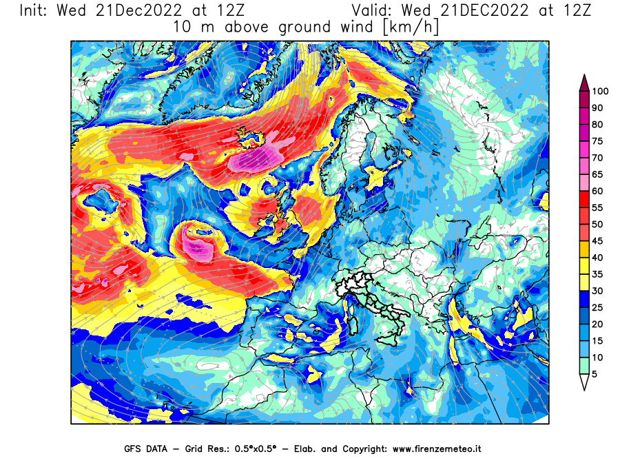 Mappa di analisi GFS - Velocità del vento a 10 metri dal suolo [km/h] in Europa
							del 21/12/2022 12 <!--googleoff: index-->UTC<!--googleon: index-->