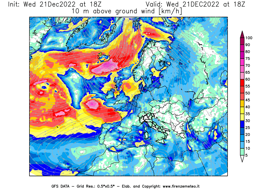 Mappa di analisi GFS - Velocità del vento a 10 metri dal suolo [km/h] in Europa
							del 21/12/2022 18 <!--googleoff: index-->UTC<!--googleon: index-->