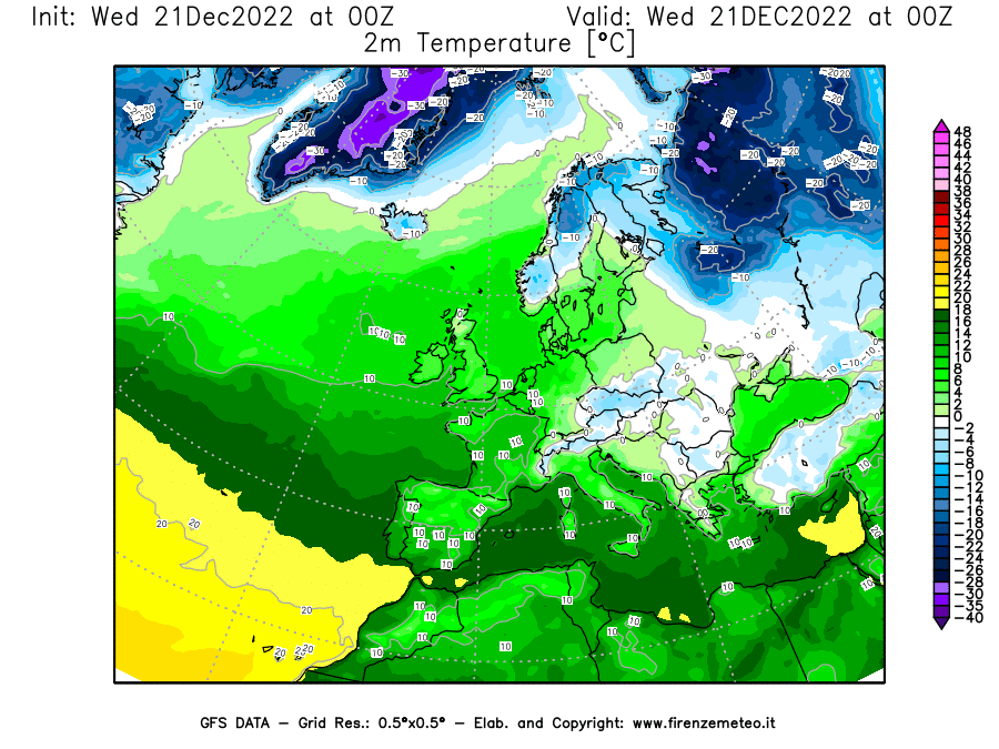 Mappa di analisi GFS - Temperatura a 2 metri dal suolo [°C] in Europa
							del 21/12/2022 00 <!--googleoff: index-->UTC<!--googleon: index-->