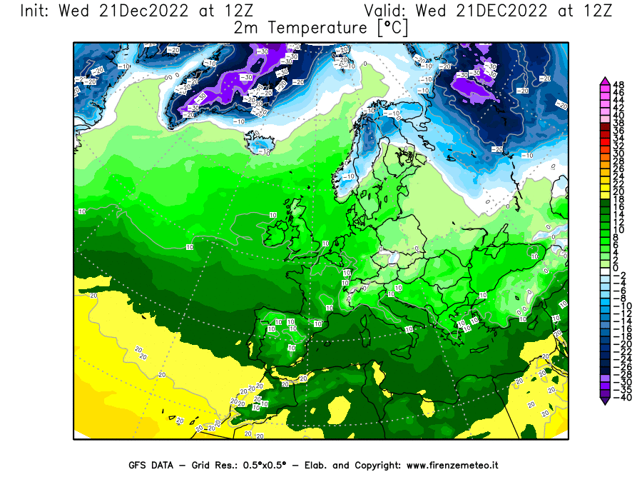 Mappa di analisi GFS - Temperatura a 2 metri dal suolo [°C] in Europa
							del 21/12/2022 12 <!--googleoff: index-->UTC<!--googleon: index-->