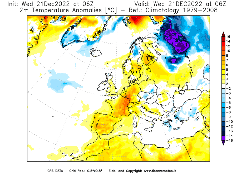 Mappa di analisi GFS - Anomalia Temperatura [°C] a 2 m in Europa
							del 21/12/2022 06 <!--googleoff: index-->UTC<!--googleon: index-->