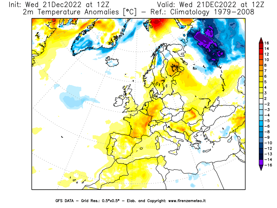 Mappa di analisi GFS - Anomalia Temperatura [°C] a 2 m in Europa
							del 21/12/2022 12 <!--googleoff: index-->UTC<!--googleon: index-->