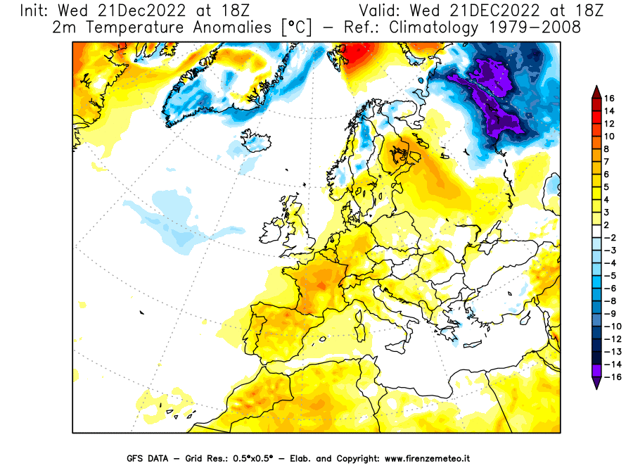 Mappa di analisi GFS - Anomalia Temperatura [°C] a 2 m in Europa
							del 21/12/2022 18 <!--googleoff: index-->UTC<!--googleon: index-->