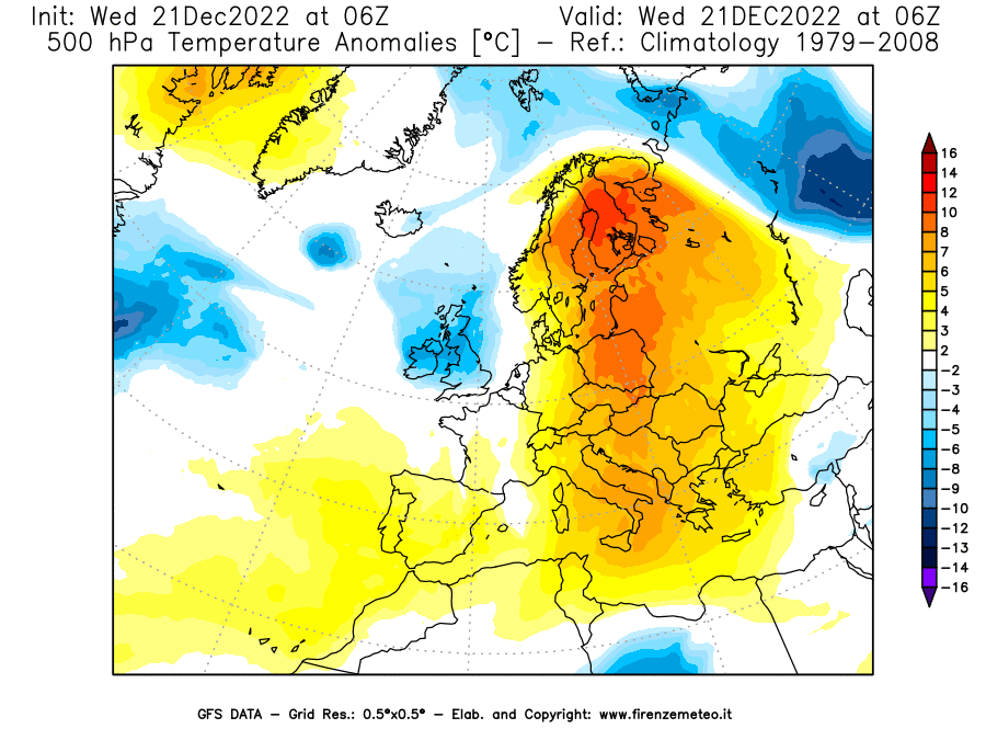 Mappa di analisi GFS - Anomalia Temperatura [°C] a 500 hPa in Europa
							del 21/12/2022 06 <!--googleoff: index-->UTC<!--googleon: index-->