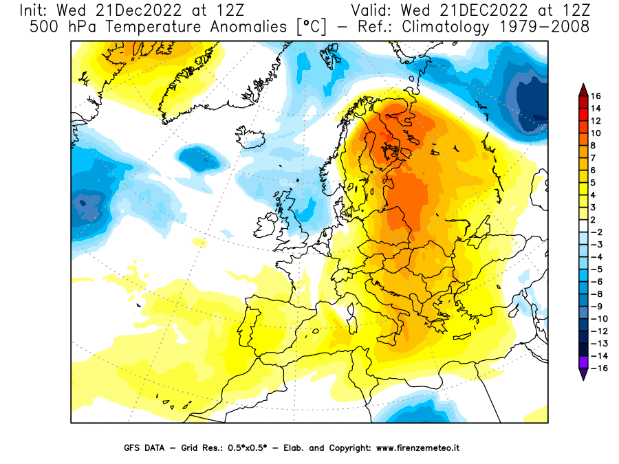 Mappa di analisi GFS - Anomalia Temperatura [°C] a 500 hPa in Europa
							del 21/12/2022 12 <!--googleoff: index-->UTC<!--googleon: index-->