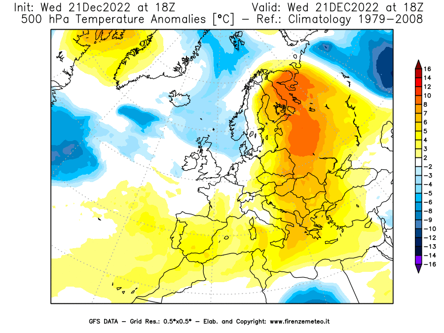 Mappa di analisi GFS - Anomalia Temperatura [°C] a 500 hPa in Europa
							del 21/12/2022 18 <!--googleoff: index-->UTC<!--googleon: index-->