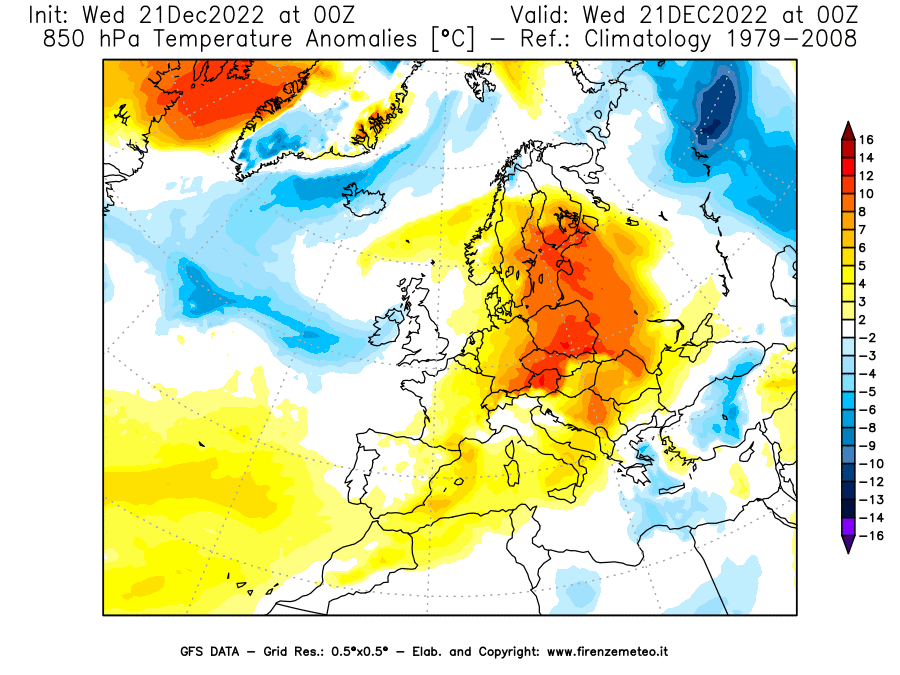 Mappa di analisi GFS - Anomalia Temperatura [°C] a 850 hPa in Europa
							del 21/12/2022 00 <!--googleoff: index-->UTC<!--googleon: index-->