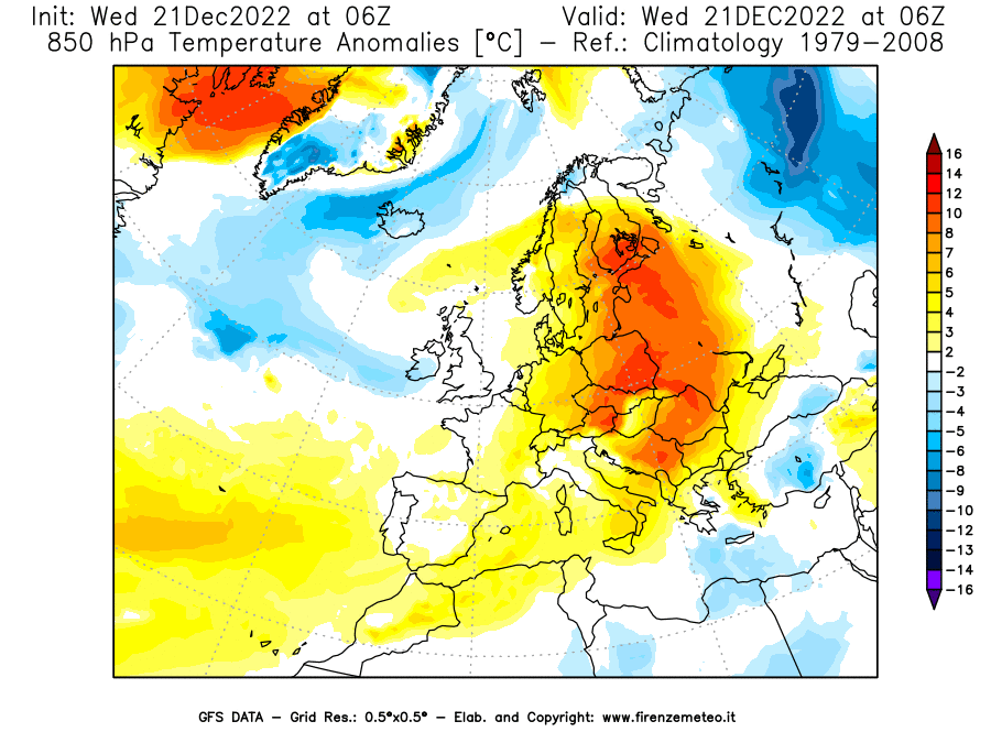 Mappa di analisi GFS - Anomalia Temperatura [°C] a 850 hPa in Europa
							del 21/12/2022 06 <!--googleoff: index-->UTC<!--googleon: index-->