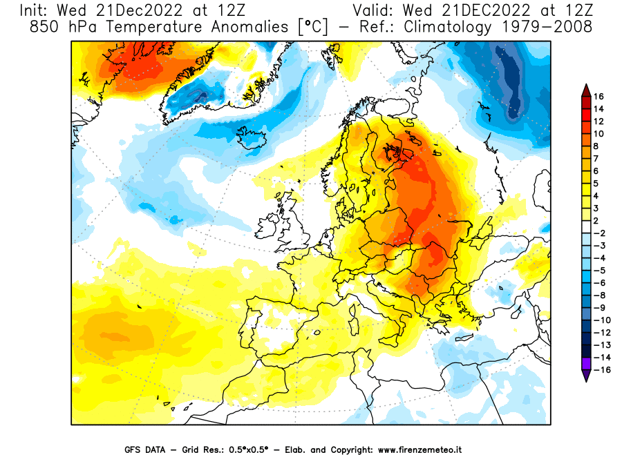 Mappa di analisi GFS - Anomalia Temperatura [°C] a 850 hPa in Europa
							del 21/12/2022 12 <!--googleoff: index-->UTC<!--googleon: index-->