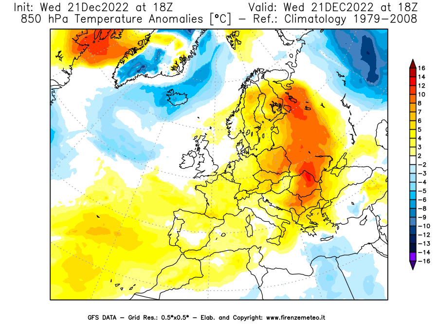 Mappa di analisi GFS - Anomalia Temperatura [°C] a 850 hPa in Europa
							del 21/12/2022 18 <!--googleoff: index-->UTC<!--googleon: index-->