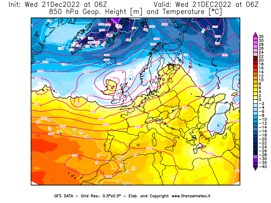 Mappa di analisi GFS - Geopotenziale [m] e Temperatura [°C] a 850 hPa in Europa
							del 21/12/2022 06 <!--googleoff: index-->UTC<!--googleon: index-->