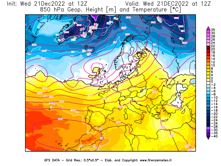 Mappa di analisi GFS - Geopotenziale [m] e Temperatura [°C] a 850 hPa in Europa
							del 21/12/2022 12 <!--googleoff: index-->UTC<!--googleon: index-->