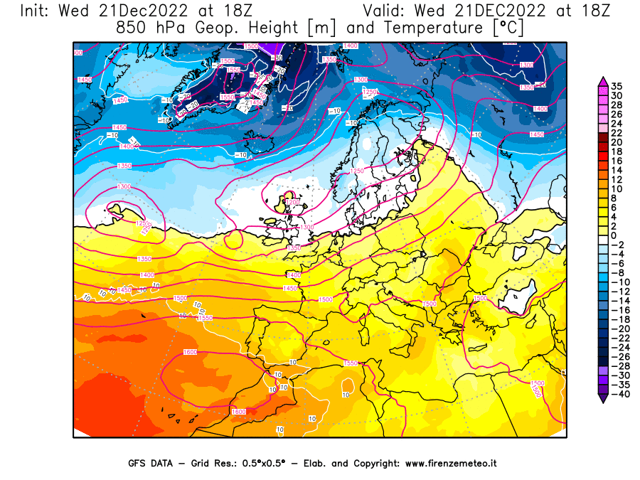 Mappa di analisi GFS - Geopotenziale [m] e Temperatura [°C] a 850 hPa in Europa
							del 21/12/2022 18 <!--googleoff: index-->UTC<!--googleon: index-->