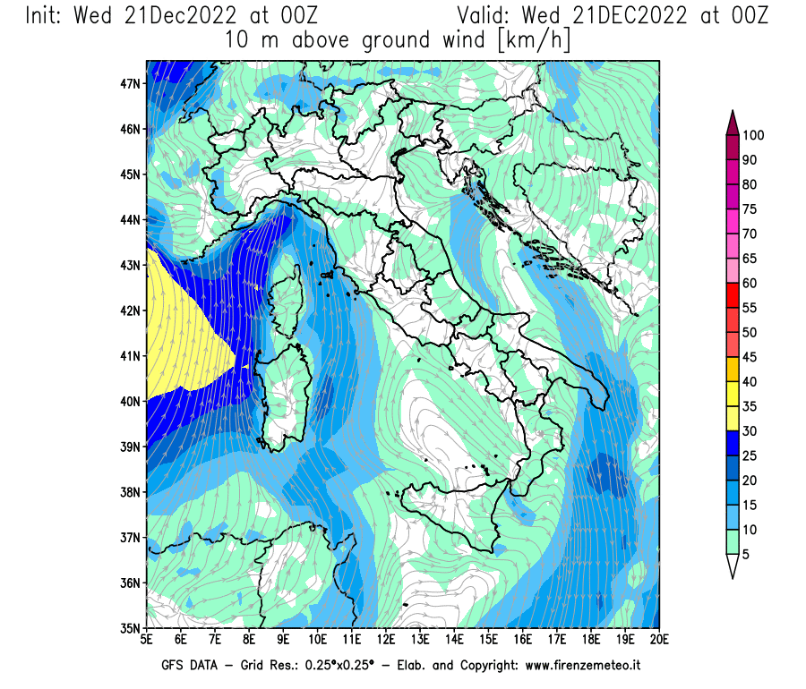 Mappa di analisi GFS - Velocità del vento a 10 metri dal suolo [km/h] in Italia
							del 21/12/2022 00 <!--googleoff: index-->UTC<!--googleon: index-->