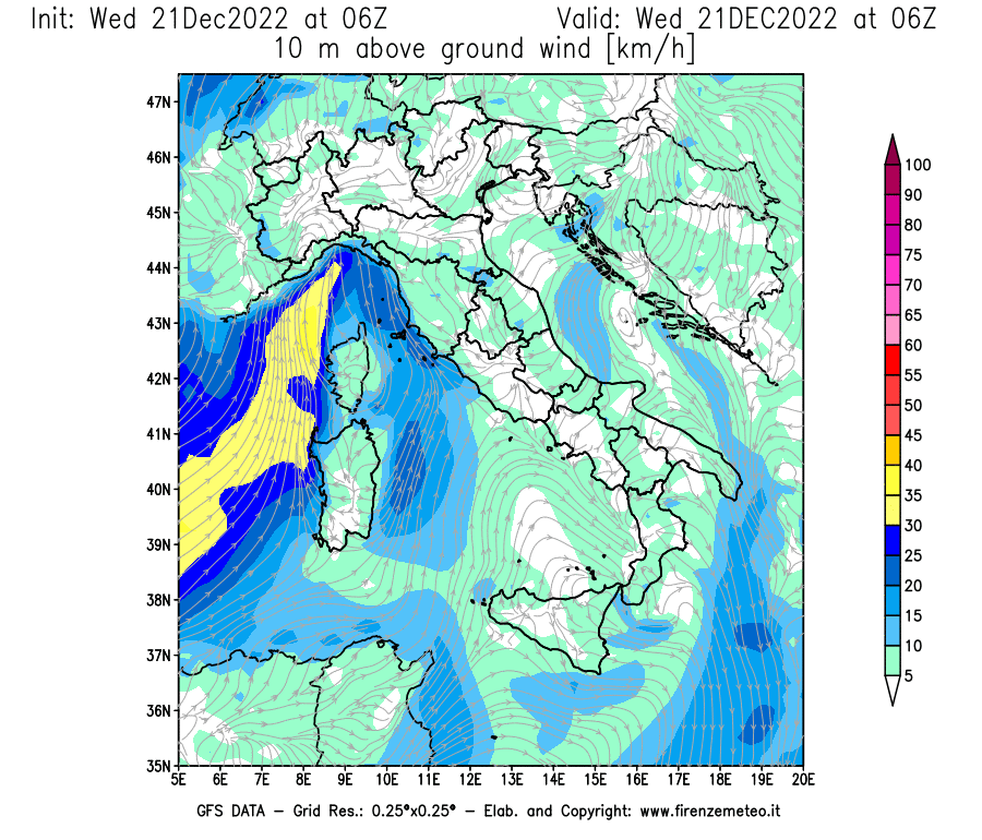 Mappa di analisi GFS - Velocità del vento a 10 metri dal suolo [km/h] in Italia
							del 21/12/2022 06 <!--googleoff: index-->UTC<!--googleon: index-->
