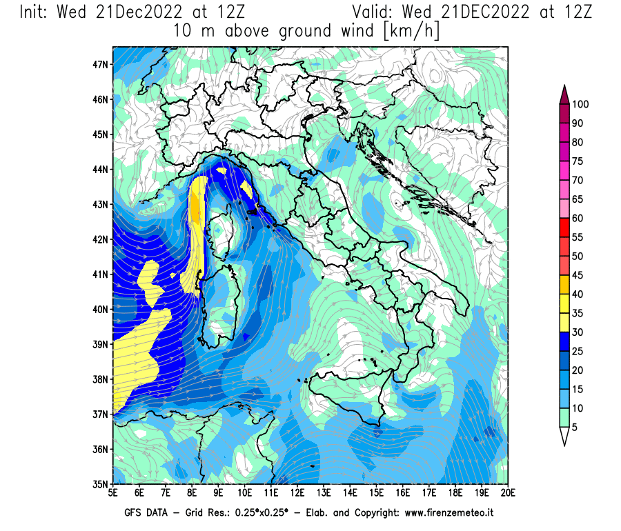 Mappa di analisi GFS - Velocità del vento a 10 metri dal suolo [km/h] in Italia
							del 21/12/2022 12 <!--googleoff: index-->UTC<!--googleon: index-->
