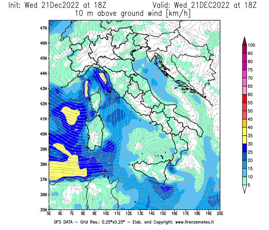 Mappa di analisi GFS - Velocità del vento a 10 metri dal suolo [km/h] in Italia
							del 21/12/2022 18 <!--googleoff: index-->UTC<!--googleon: index-->