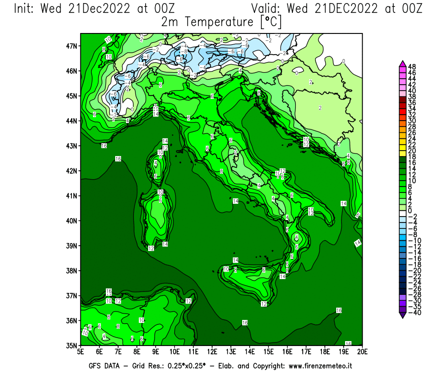Mappa di analisi GFS - Temperatura a 2 metri dal suolo [°C] in Italia
							del 21/12/2022 00 <!--googleoff: index-->UTC<!--googleon: index-->
