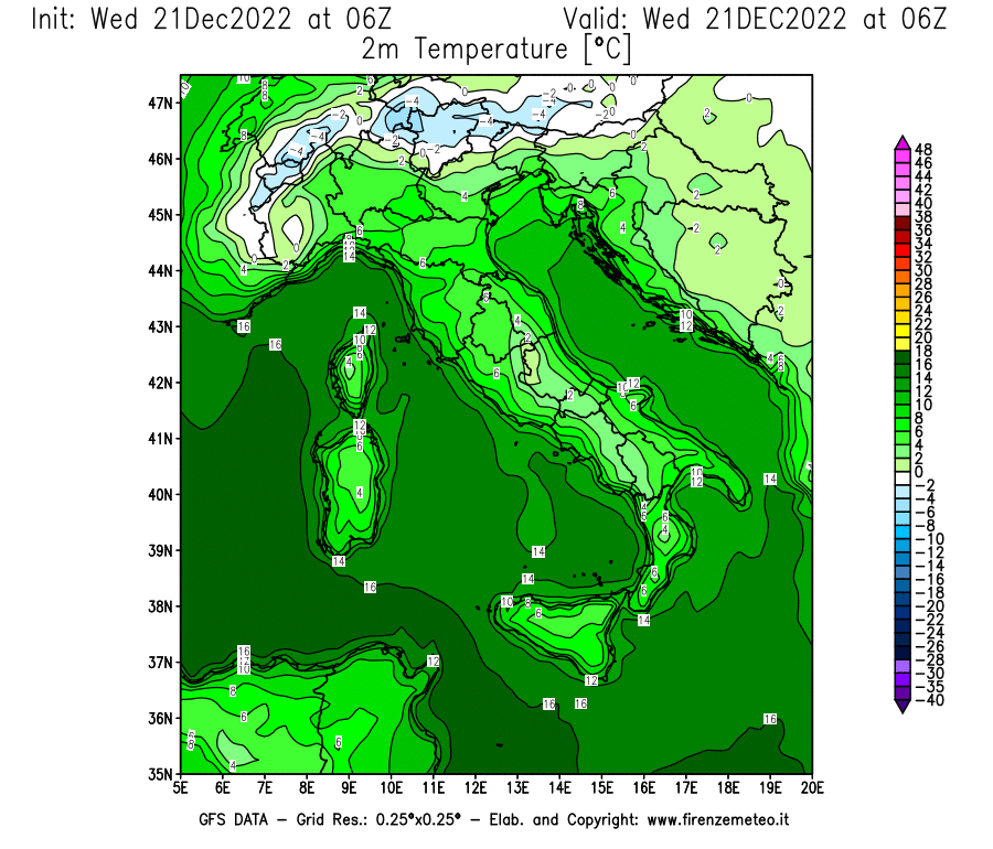 Mappa di analisi GFS - Temperatura a 2 metri dal suolo [°C] in Italia
							del 21/12/2022 06 <!--googleoff: index-->UTC<!--googleon: index-->