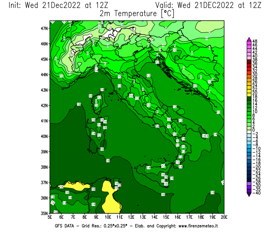 Mappa di analisi GFS - Temperatura a 2 metri dal suolo [°C] in Italia
							del 21/12/2022 12 <!--googleoff: index-->UTC<!--googleon: index-->