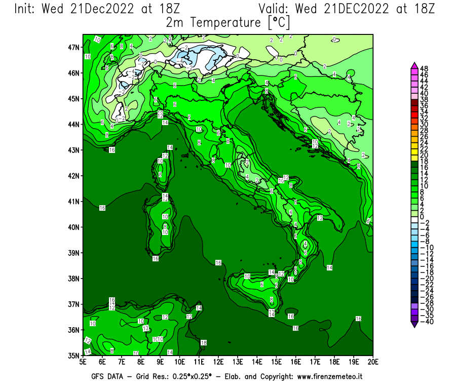 Mappa di analisi GFS - Temperatura a 2 metri dal suolo [°C] in Italia
							del 21/12/2022 18 <!--googleoff: index-->UTC<!--googleon: index-->