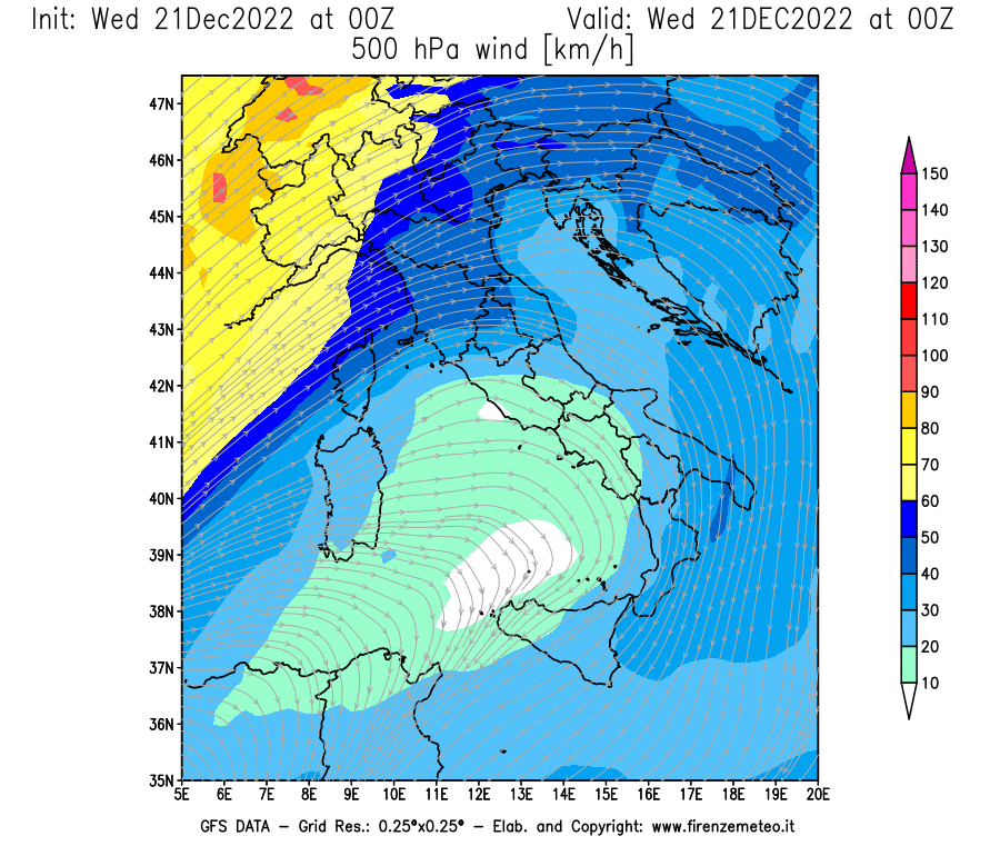 Mappa di analisi GFS - Velocità del vento a 500 hPa [km/h] in Italia
							del 21/12/2022 00 <!--googleoff: index-->UTC<!--googleon: index-->