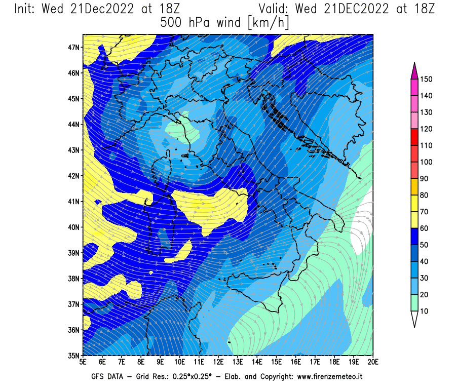 Mappa di analisi GFS - Velocità del vento a 500 hPa [km/h] in Italia
							del 21/12/2022 18 <!--googleoff: index-->UTC<!--googleon: index-->