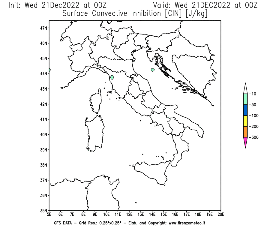 Mappa di analisi GFS - CIN [J/kg] in Italia
							del 21/12/2022 00 <!--googleoff: index-->UTC<!--googleon: index-->