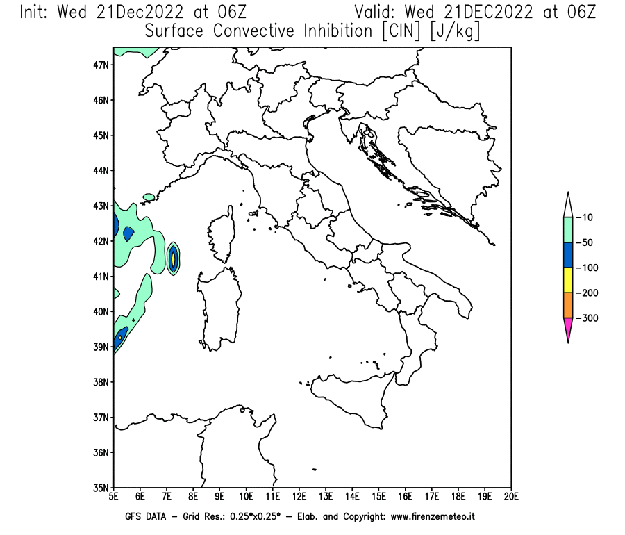 Mappa di analisi GFS - CIN [J/kg] in Italia
							del 21/12/2022 06 <!--googleoff: index-->UTC<!--googleon: index-->