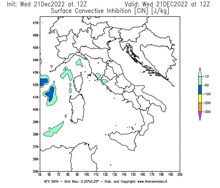 Mappa di analisi GFS - CIN [J/kg] in Italia
							del 21/12/2022 12 <!--googleoff: index-->UTC<!--googleon: index-->