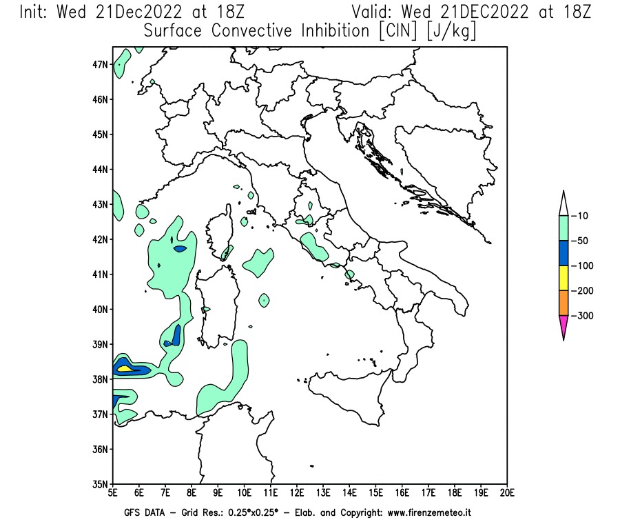 Mappa di analisi GFS - CIN [J/kg] in Italia
							del 21/12/2022 18 <!--googleoff: index-->UTC<!--googleon: index-->