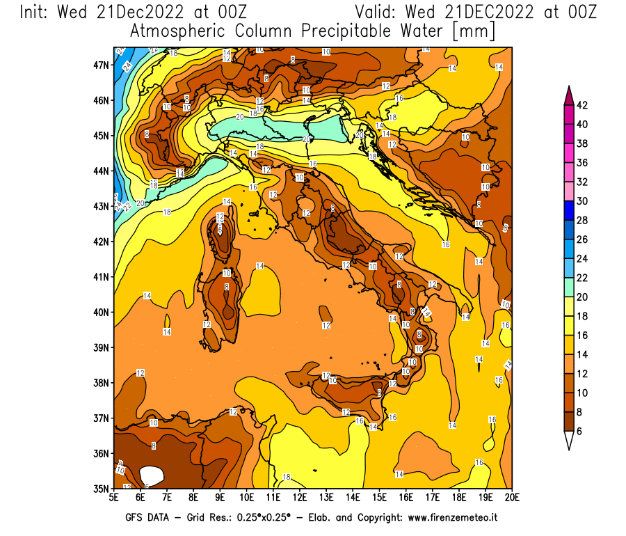 Mappa di analisi GFS - Precipitable Water [mm] in Italia
							del 21/12/2022 00 <!--googleoff: index-->UTC<!--googleon: index-->