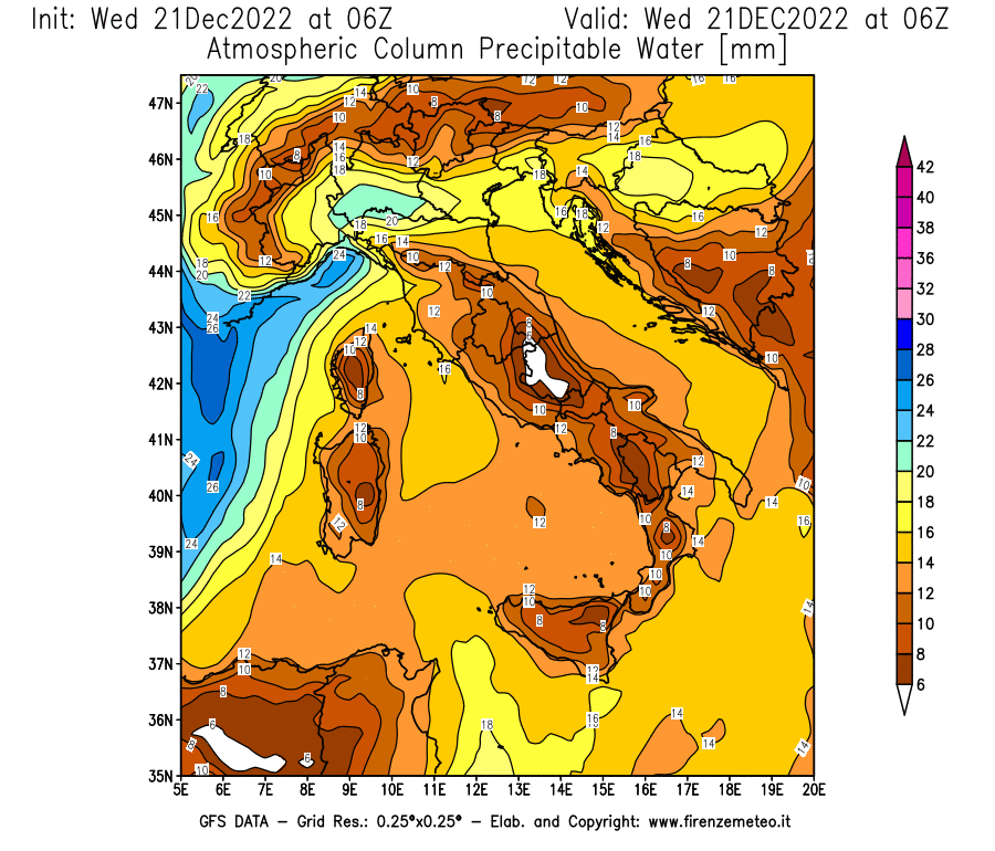 Mappa di analisi GFS - Precipitable Water [mm] in Italia
							del 21/12/2022 06 <!--googleoff: index-->UTC<!--googleon: index-->