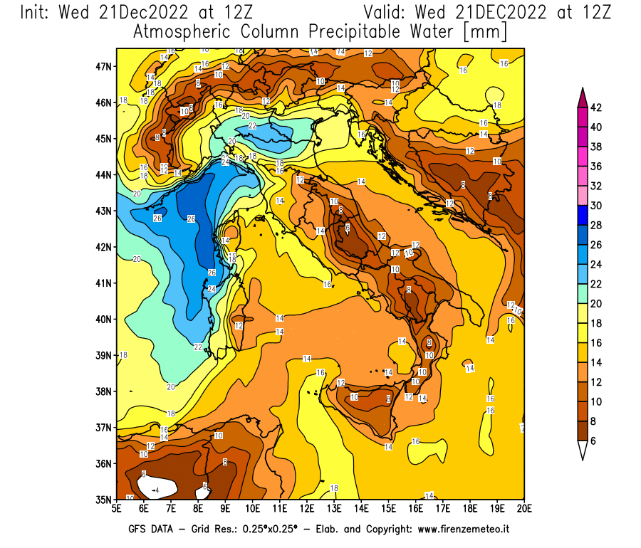Mappa di analisi GFS - Precipitable Water [mm] in Italia
							del 21/12/2022 12 <!--googleoff: index-->UTC<!--googleon: index-->