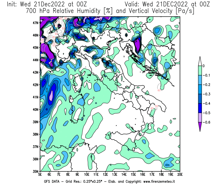 Mappa di analisi GFS - Umidità relativa [%] e Omega [Pa/s] a 700 hPa in Italia
							del 21/12/2022 00 <!--googleoff: index-->UTC<!--googleon: index-->