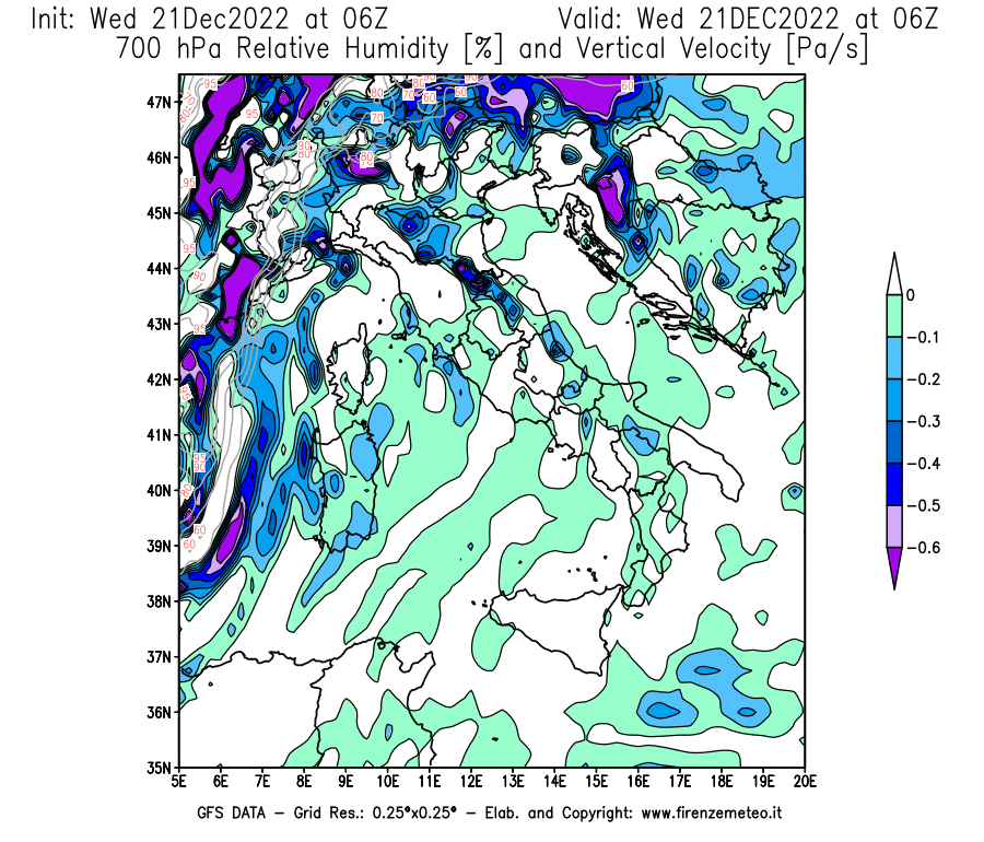 Mappa di analisi GFS - Umidità relativa [%] e Omega [Pa/s] a 700 hPa in Italia
							del 21/12/2022 06 <!--googleoff: index-->UTC<!--googleon: index-->