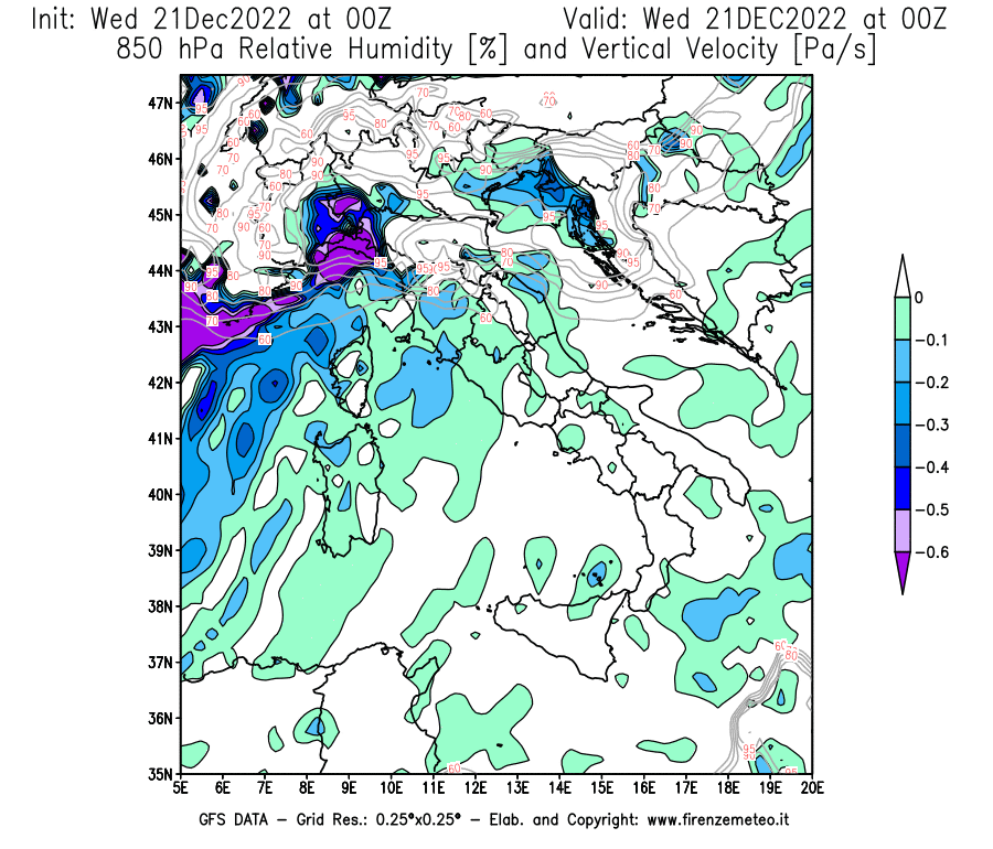 Mappa di analisi GFS - Umidità relativa [%] e Omega [Pa/s] a 850 hPa in Italia
							del 21/12/2022 00 <!--googleoff: index-->UTC<!--googleon: index-->