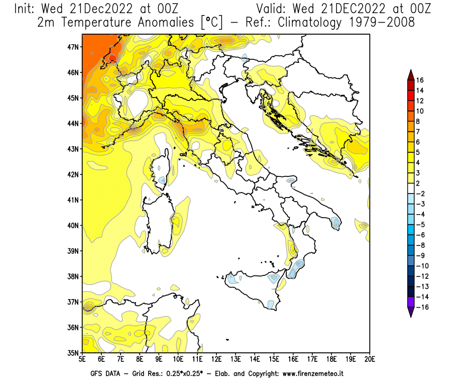 Mappa di analisi GFS - Anomalia Temperatura [°C] a 2 m in Italia
							del 21/12/2022 00 <!--googleoff: index-->UTC<!--googleon: index-->