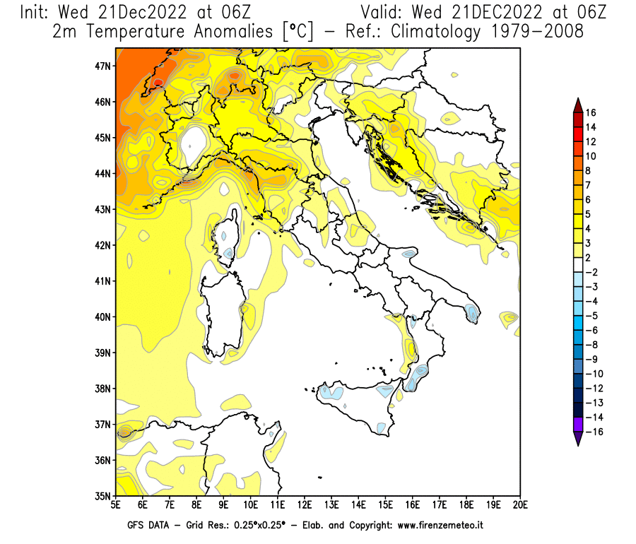 Mappa di analisi GFS - Anomalia Temperatura [°C] a 2 m in Italia
							del 21/12/2022 06 <!--googleoff: index-->UTC<!--googleon: index-->
