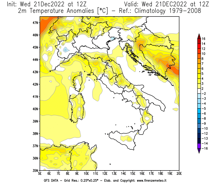 Mappa di analisi GFS - Anomalia Temperatura [°C] a 2 m in Italia
							del 21/12/2022 12 <!--googleoff: index-->UTC<!--googleon: index-->