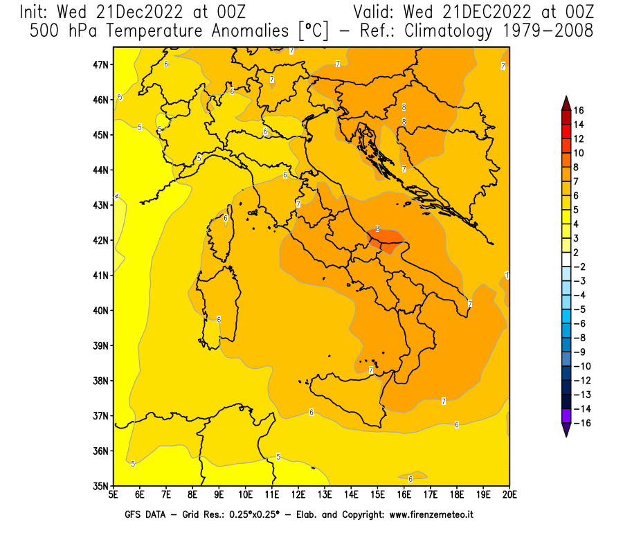 Mappa di analisi GFS - Anomalia Temperatura [°C] a 500 hPa in Italia
							del 21/12/2022 00 <!--googleoff: index-->UTC<!--googleon: index-->