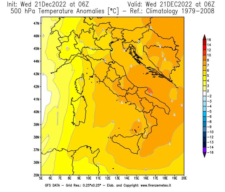 Mappa di analisi GFS - Anomalia Temperatura [°C] a 500 hPa in Italia
							del 21/12/2022 06 <!--googleoff: index-->UTC<!--googleon: index-->