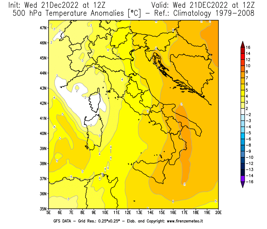Mappa di analisi GFS - Anomalia Temperatura [°C] a 500 hPa in Italia
							del 21/12/2022 12 <!--googleoff: index-->UTC<!--googleon: index-->