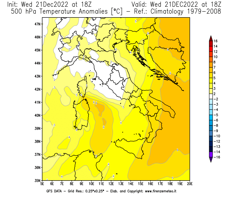 Mappa di analisi GFS - Anomalia Temperatura [°C] a 500 hPa in Italia
							del 21/12/2022 18 <!--googleoff: index-->UTC<!--googleon: index-->