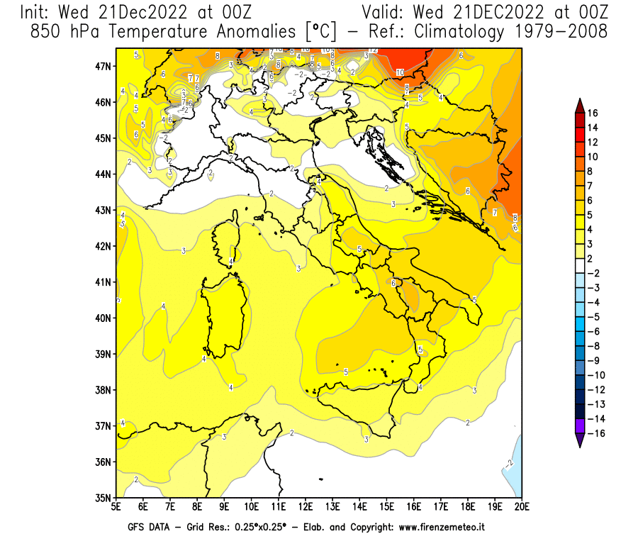 Mappa di analisi GFS - Anomalia Temperatura [°C] a 850 hPa in Italia
							del 21/12/2022 00 <!--googleoff: index-->UTC<!--googleon: index-->