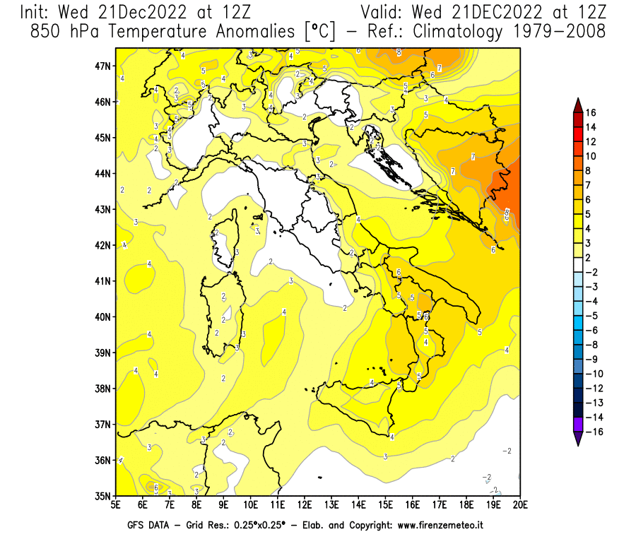 Mappa di analisi GFS - Anomalia Temperatura [°C] a 850 hPa in Italia
							del 21/12/2022 12 <!--googleoff: index-->UTC<!--googleon: index-->